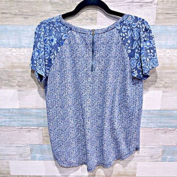 LUCKY BRAND Floral Mixed Tee Blue Boho Cotton Blend Womens Medium - Picture 3 of 6